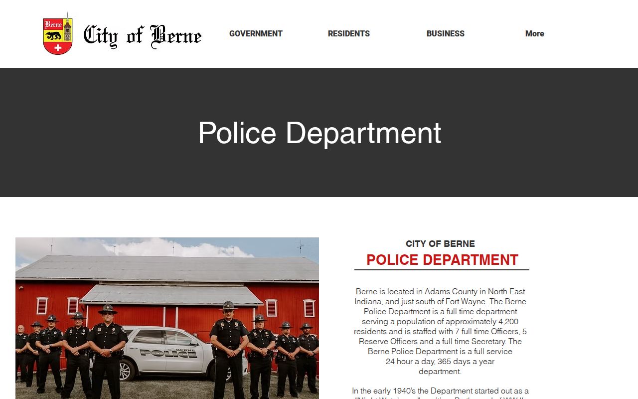 Berne Police Department official arrest records page in Adams County