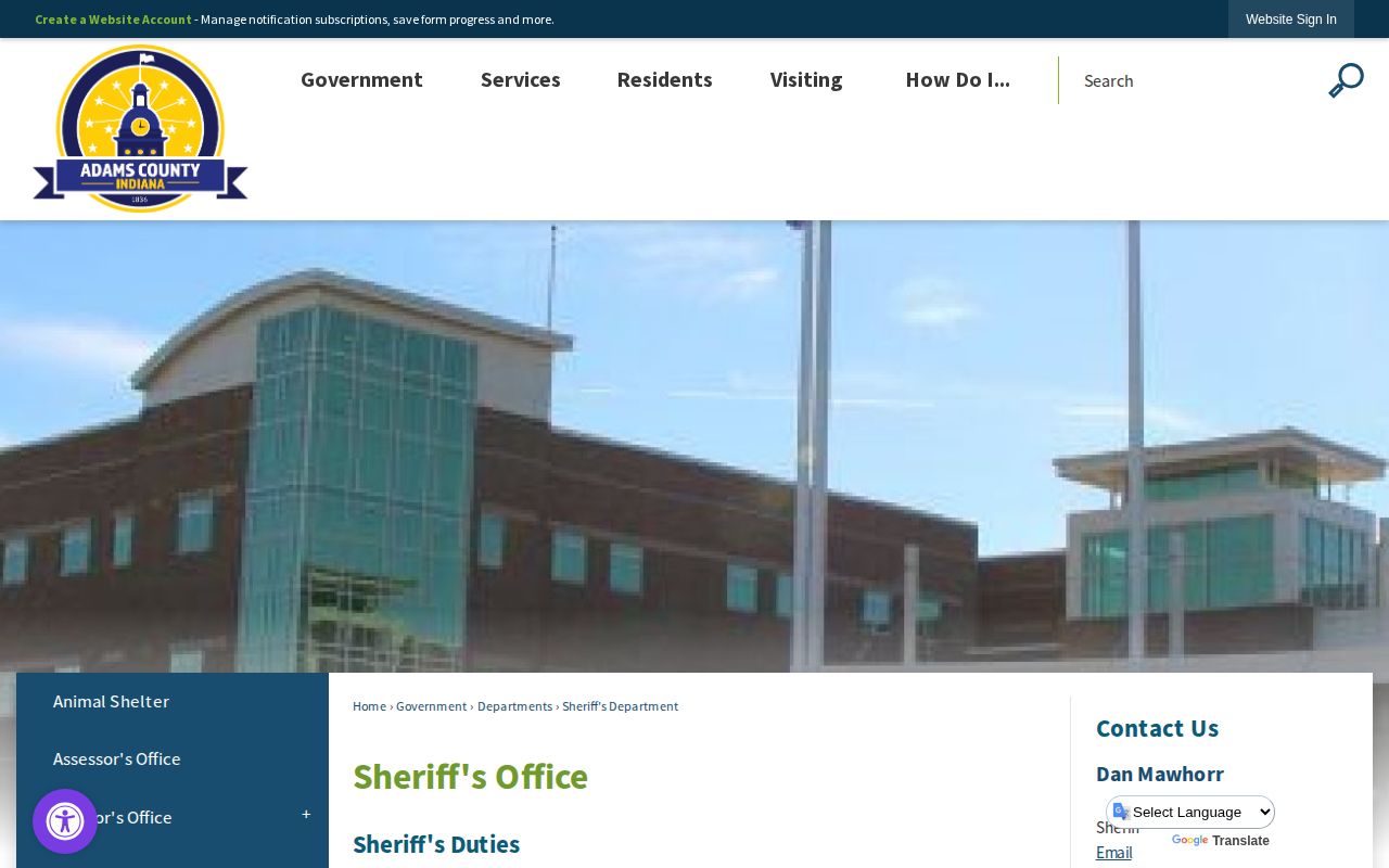 Adams County Indiana Sheriff Department jail and VINE page