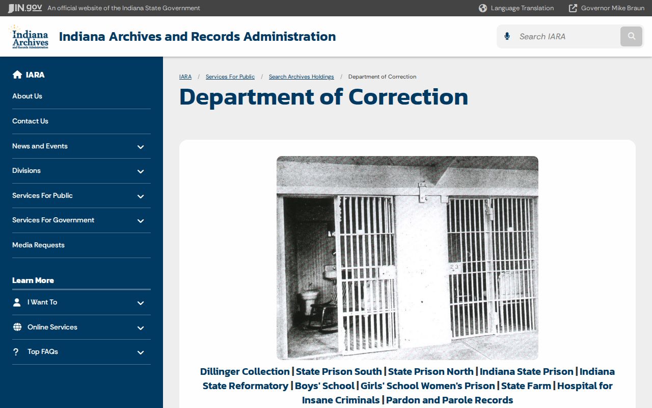Indiana State Archives Department of Correction holdings page